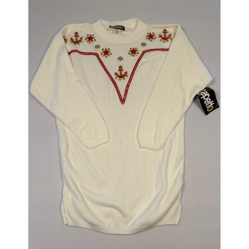 Gepetto Vintage Nautical Sweater Dress White Anchor Star Rhinestone Made in USA